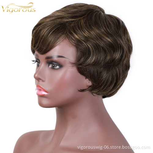 Vigorous Wholesale Cheap Pixie Cut Wigs for Black Women Short Synthetic Hair Heat Resistant Side Part Wig Highlight Natural Wave